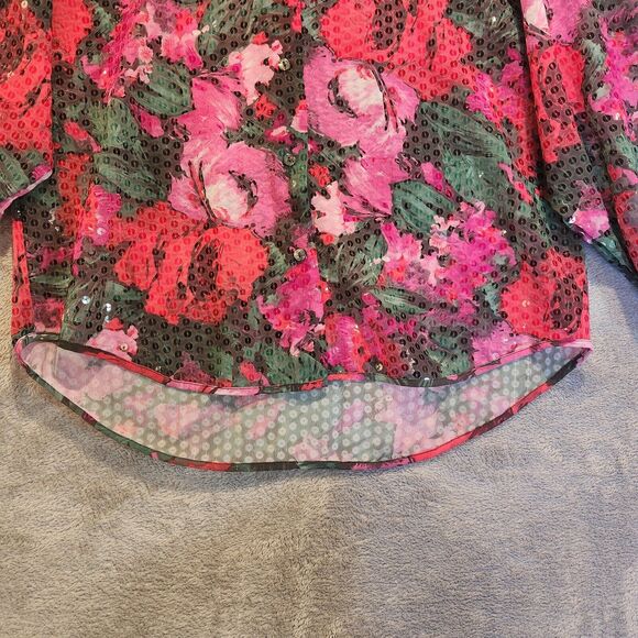 Vintage Express Pink Red Floral Sequin Button Up Blouse Size XS 90s Y2K Feminine - Picture 3 of 11